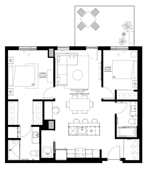Floor plan for 2 beds, 2 baths, 925 sqft
